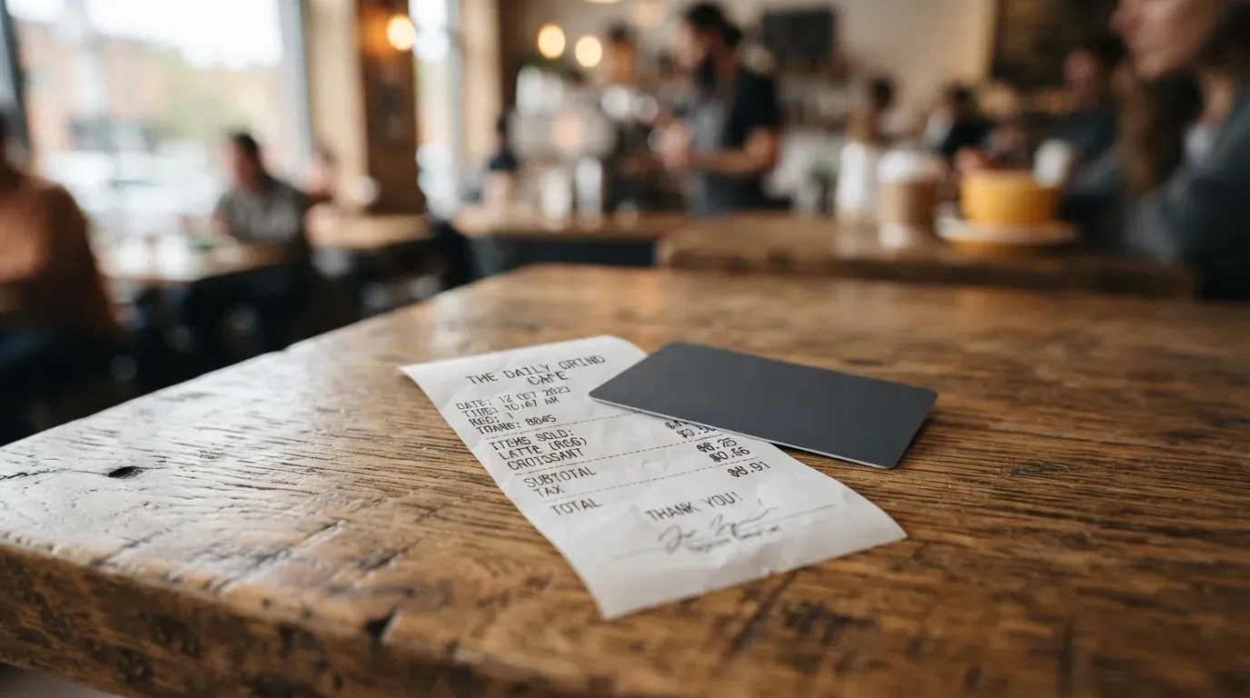 A receipt and a card on a café table