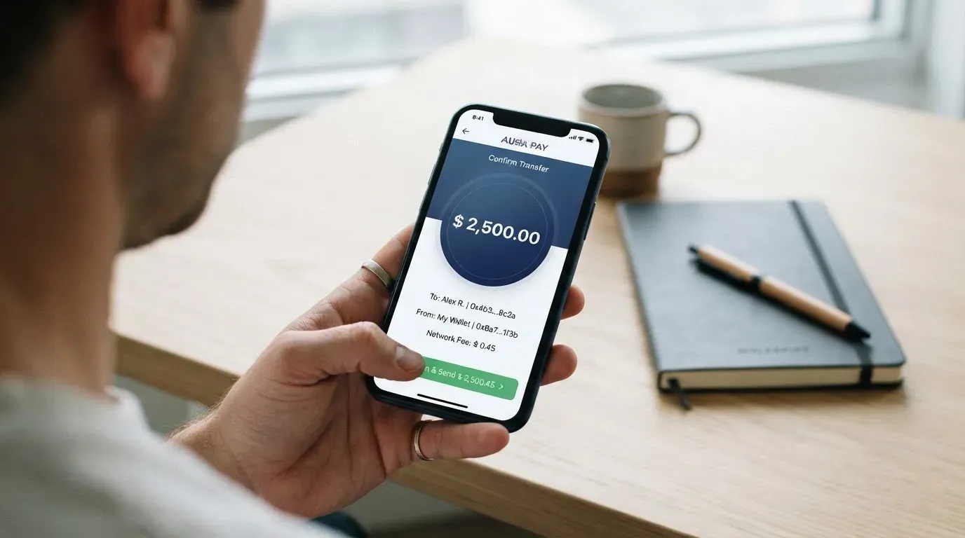 A phone showing a stablecoin transfer screen
