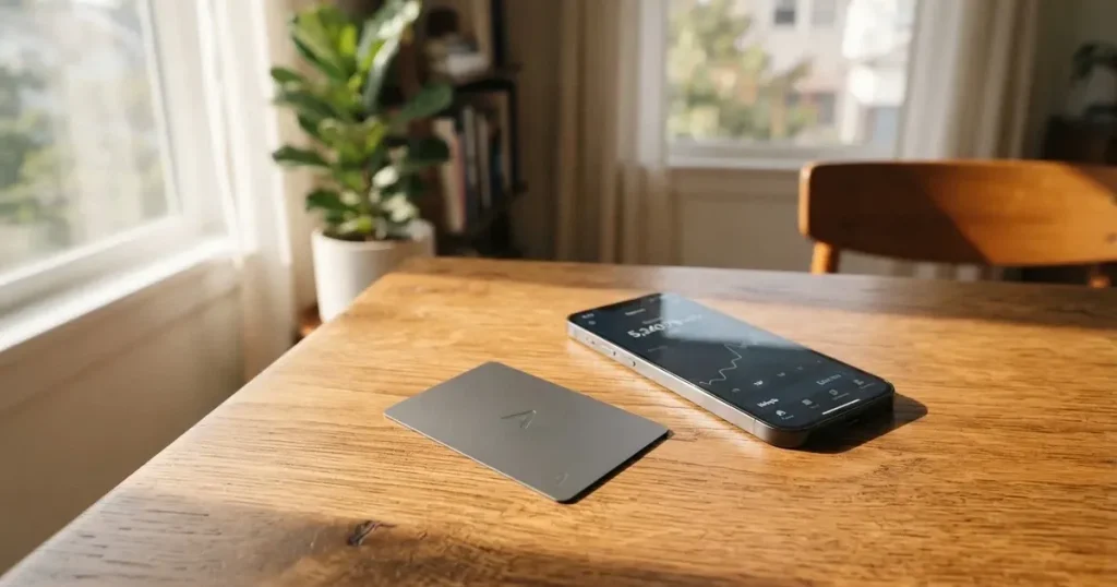 A payment card next to a phone with a crypto wallet app open