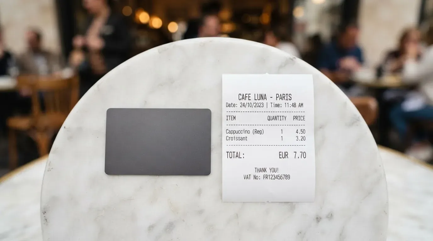 A receipt and a card on a café table
