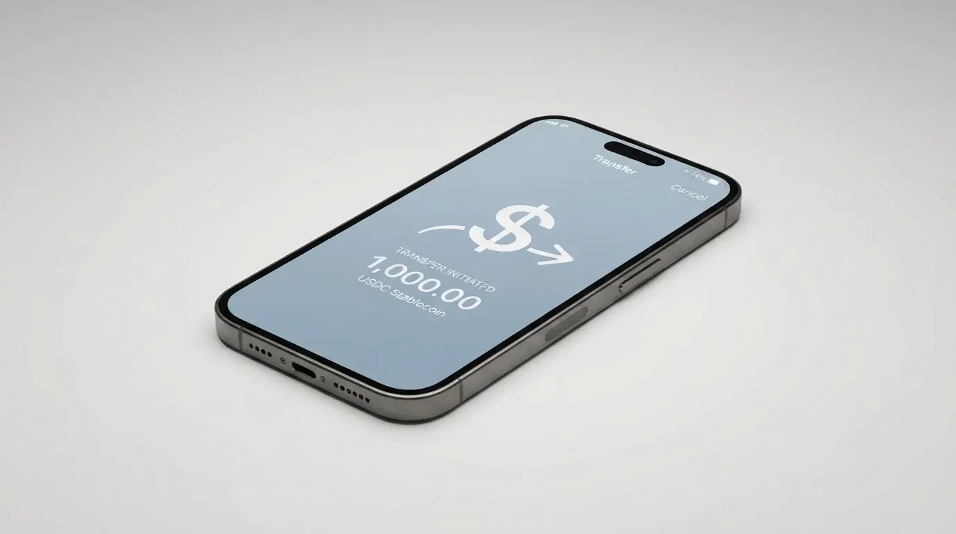 A phone showing a stablecoin transfer screen