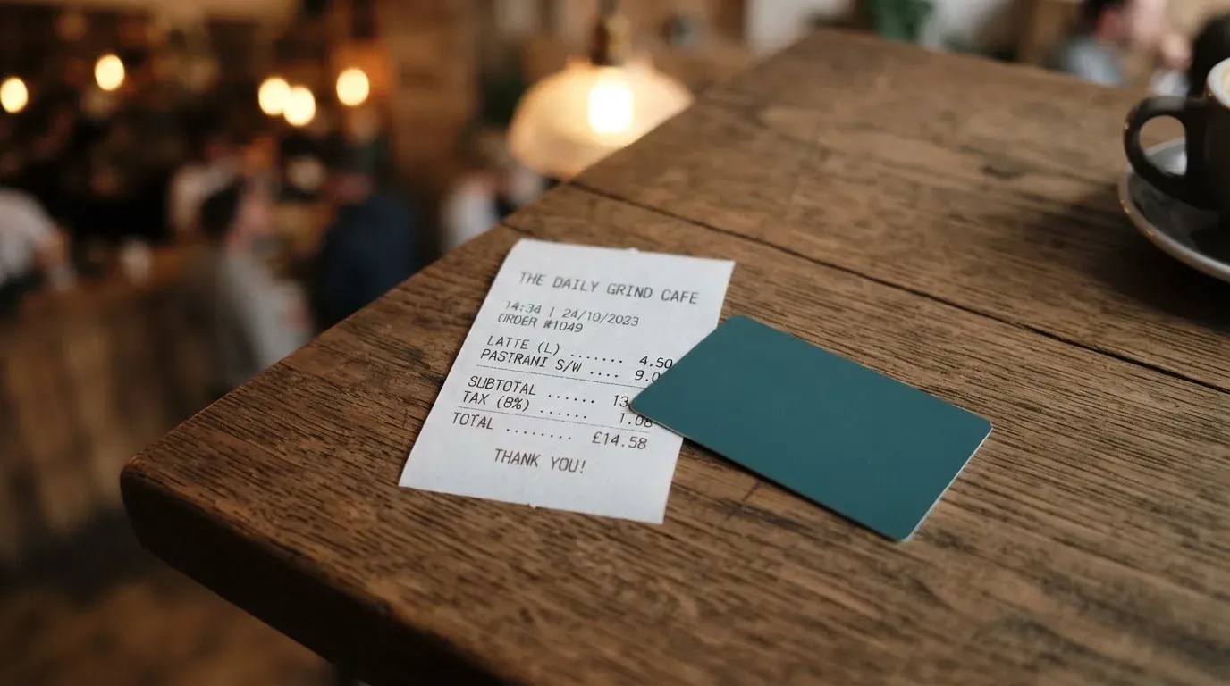 A receipt and a card on a café table