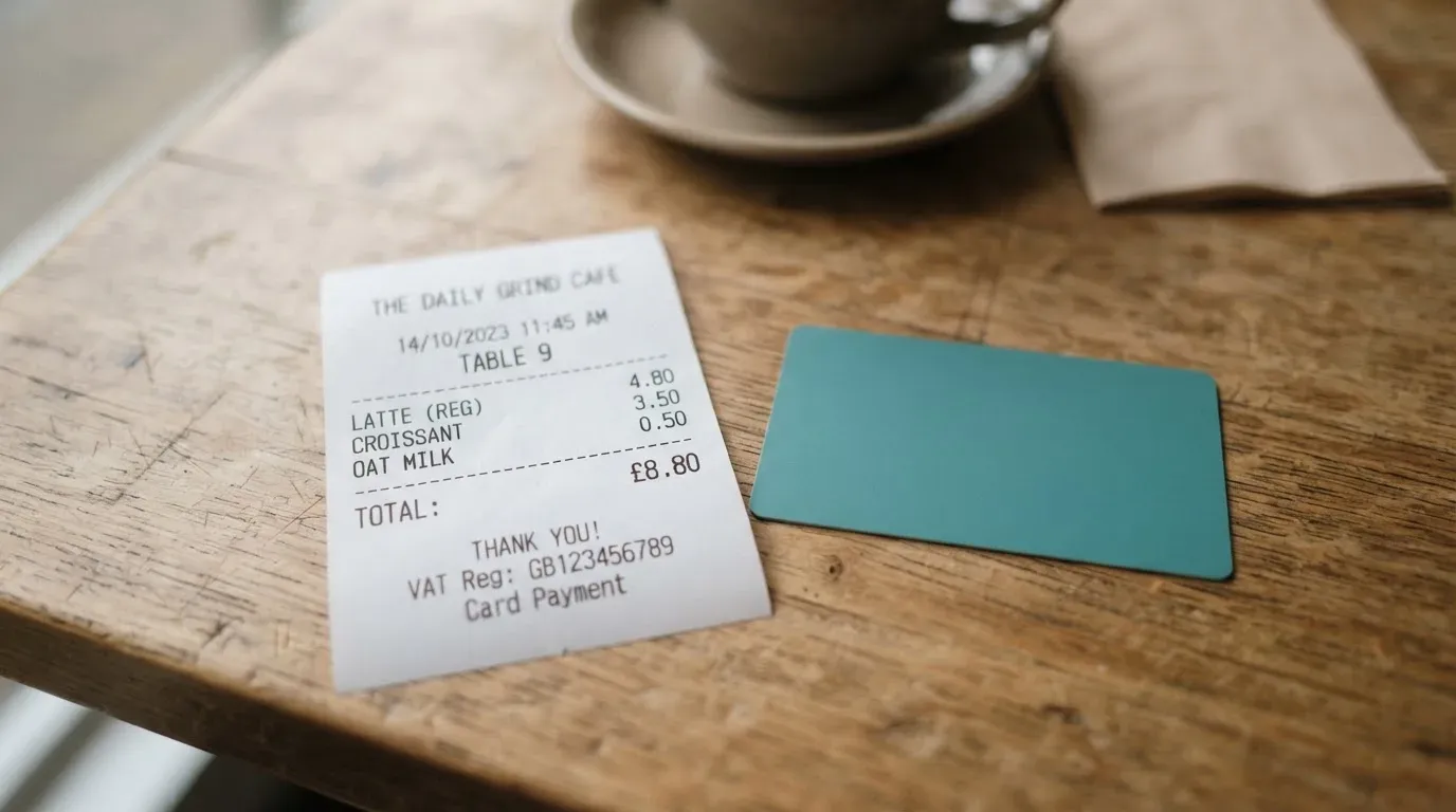 A receipt and a card on a café table
