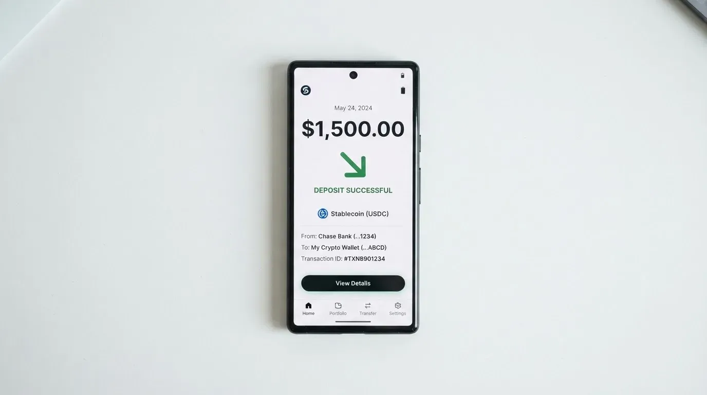 A phone showing a stablecoin transfer screen