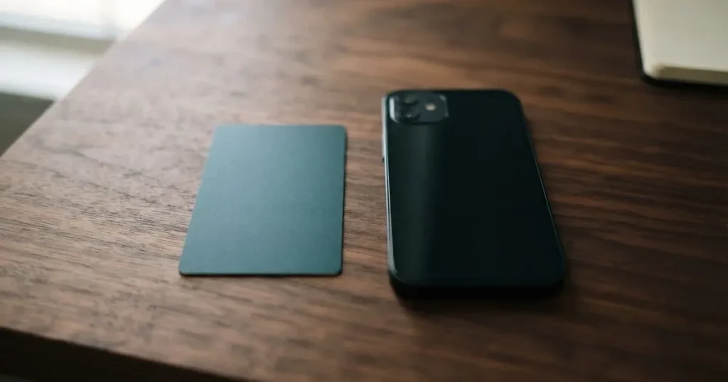 A payment card next to a phone with a crypto wallet app open