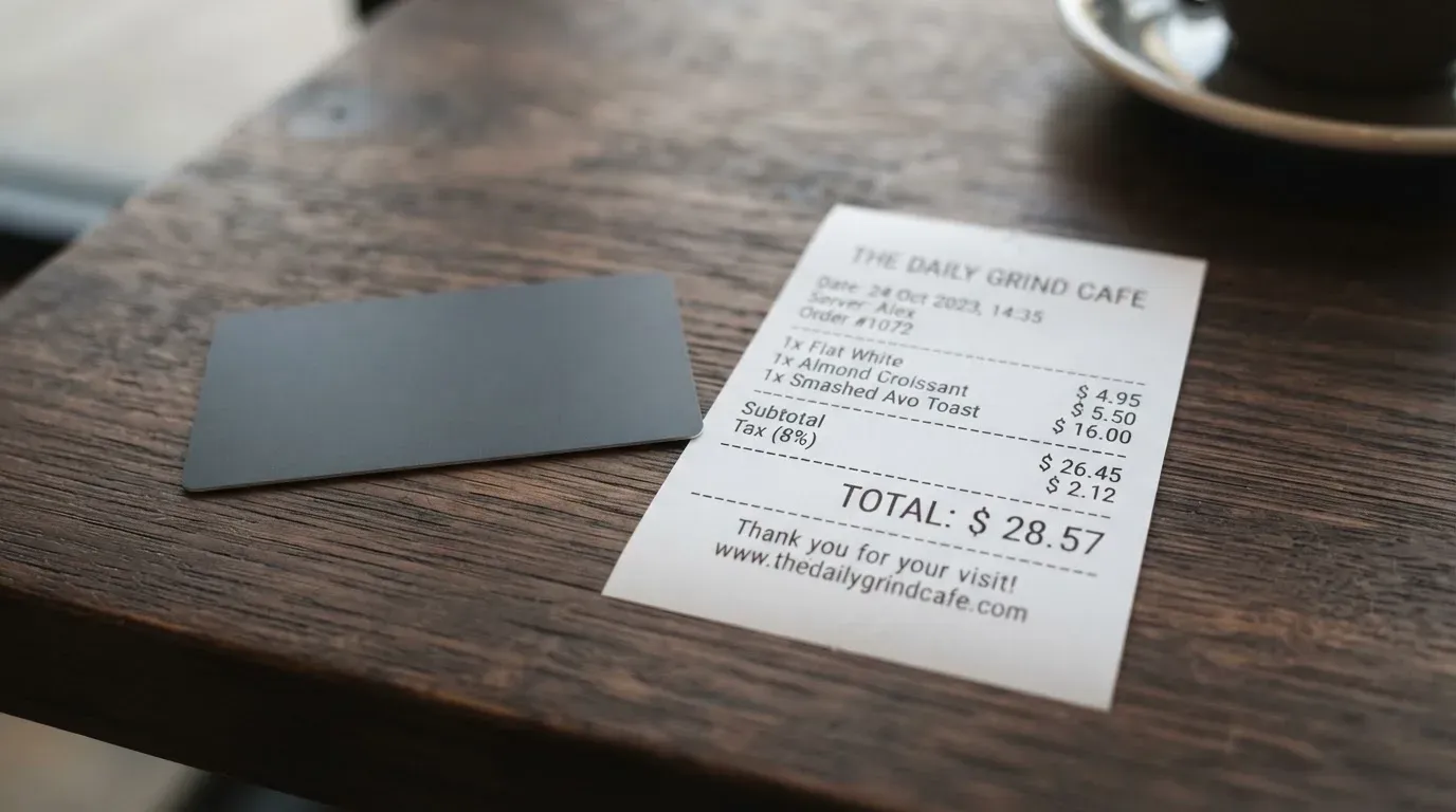A receipt and a card on a café table