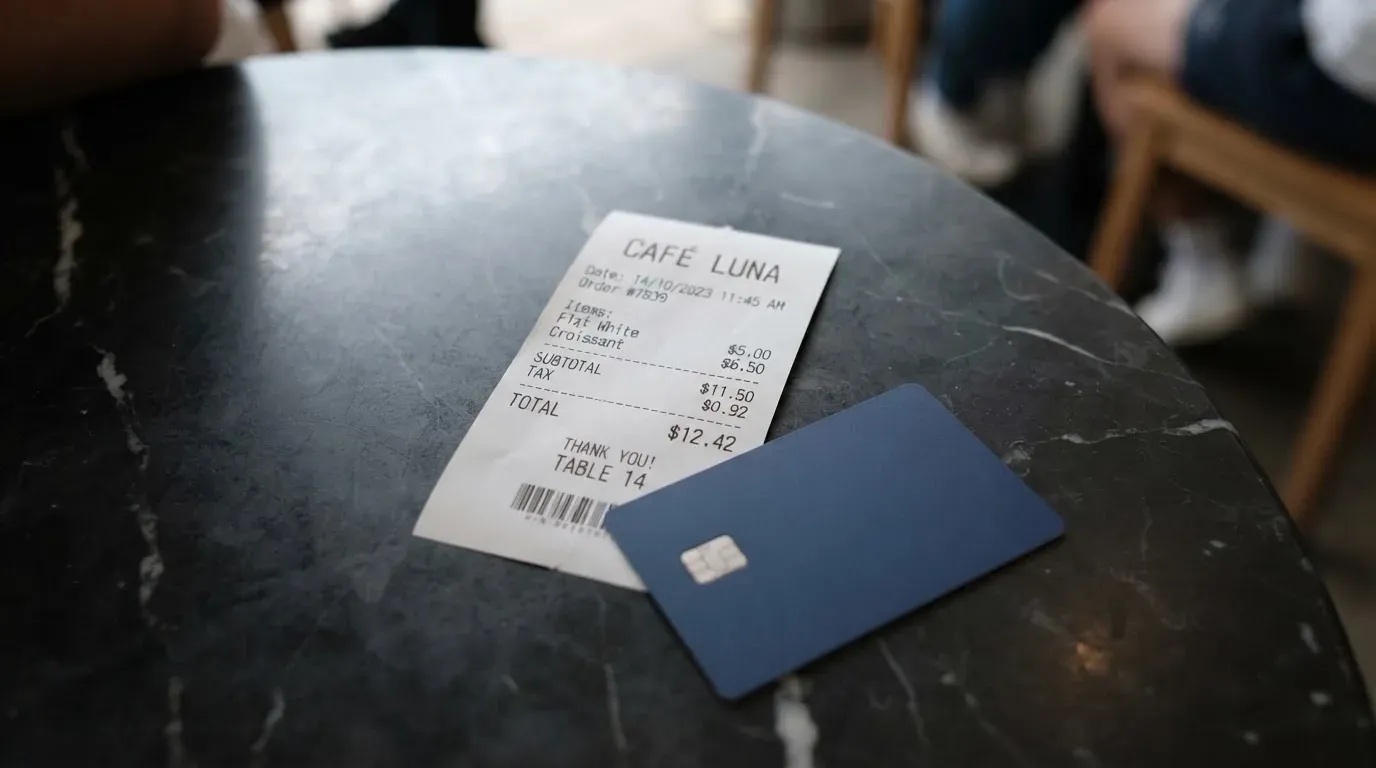 A receipt and a card on a café table