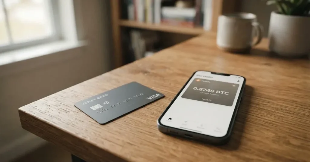 A payment card next to a phone with a crypto wallet app open