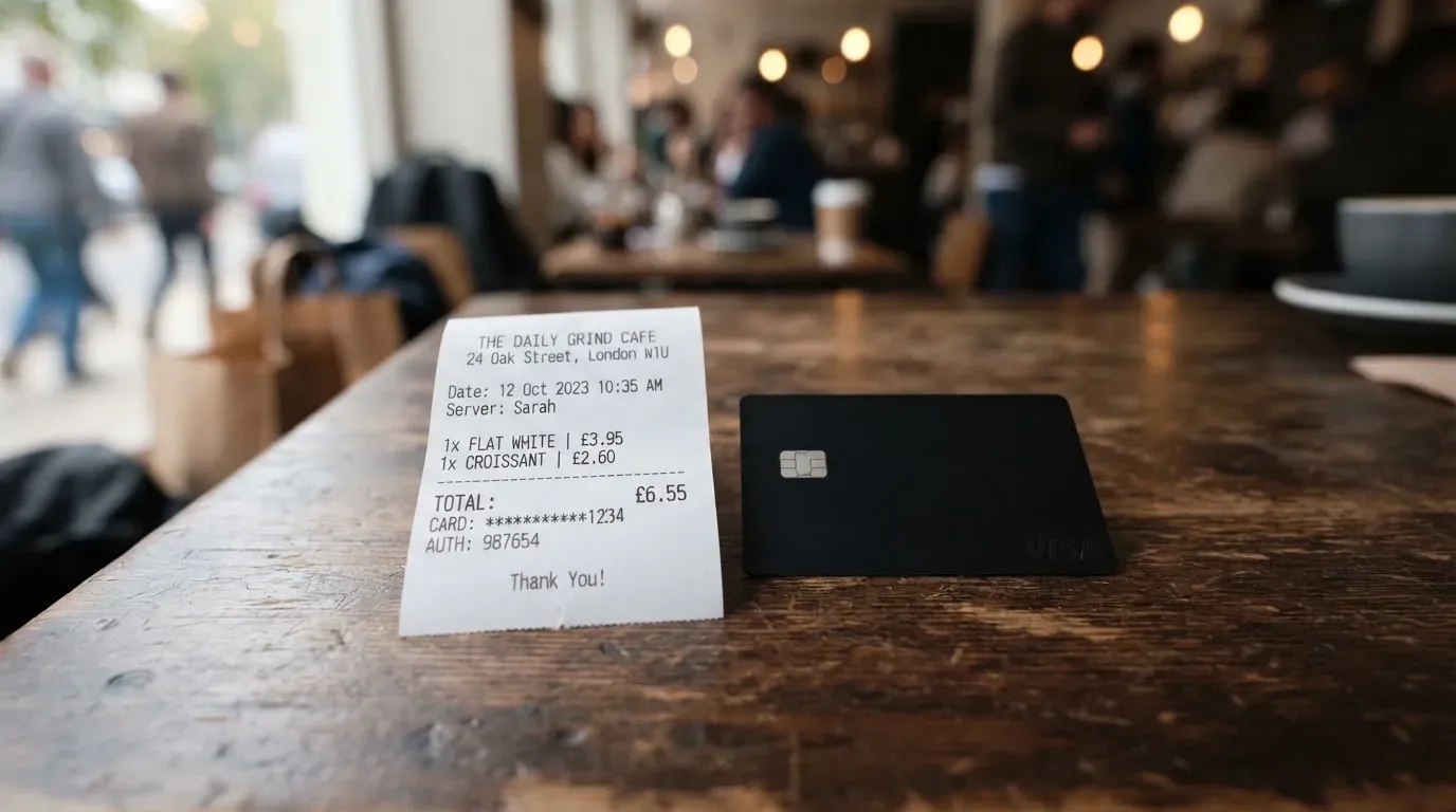 A receipt and a card on a café table