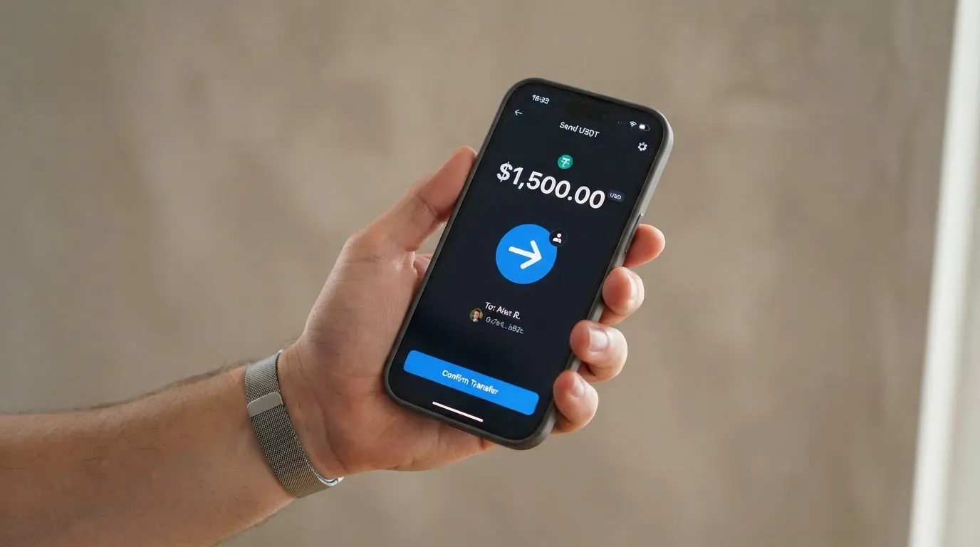 A phone showing a stablecoin transfer screen