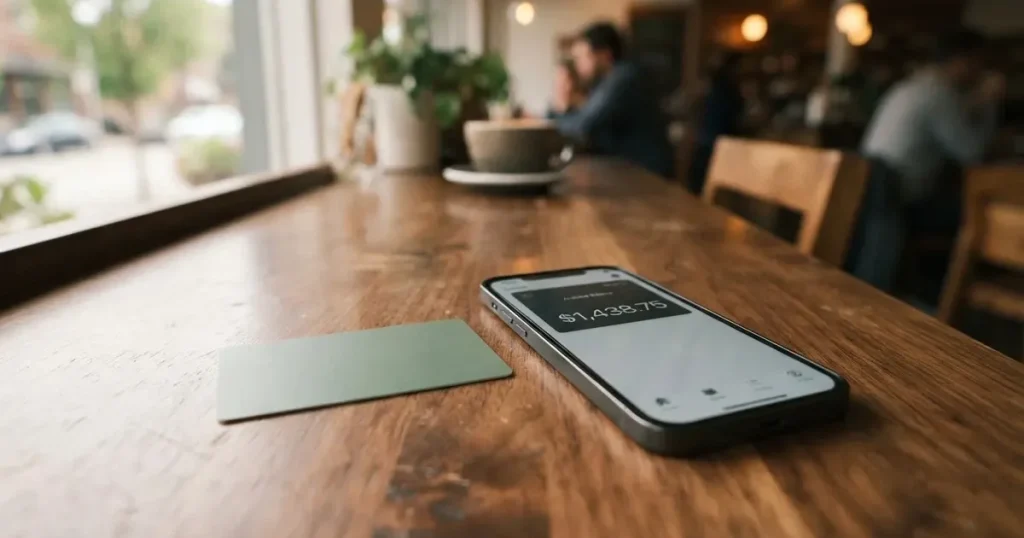 A payment card next to a phone with a crypto wallet app open