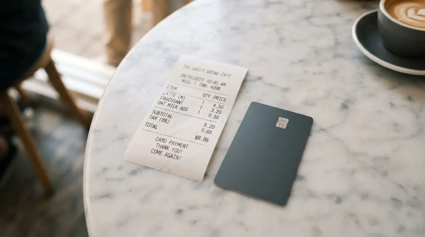 A receipt and a card on a café table
