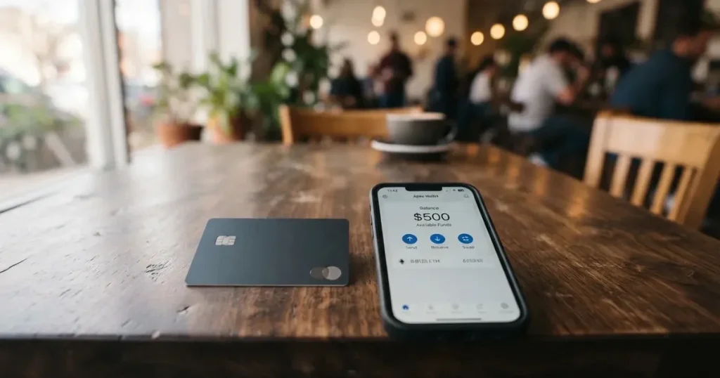 A payment card next to a phone with a crypto wallet app open