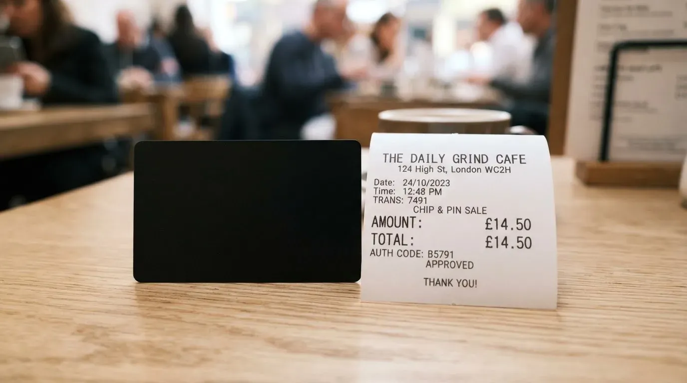 A receipt and a card on a café table
