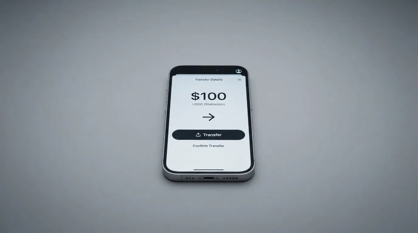 A phone showing a stablecoin transfer screen
