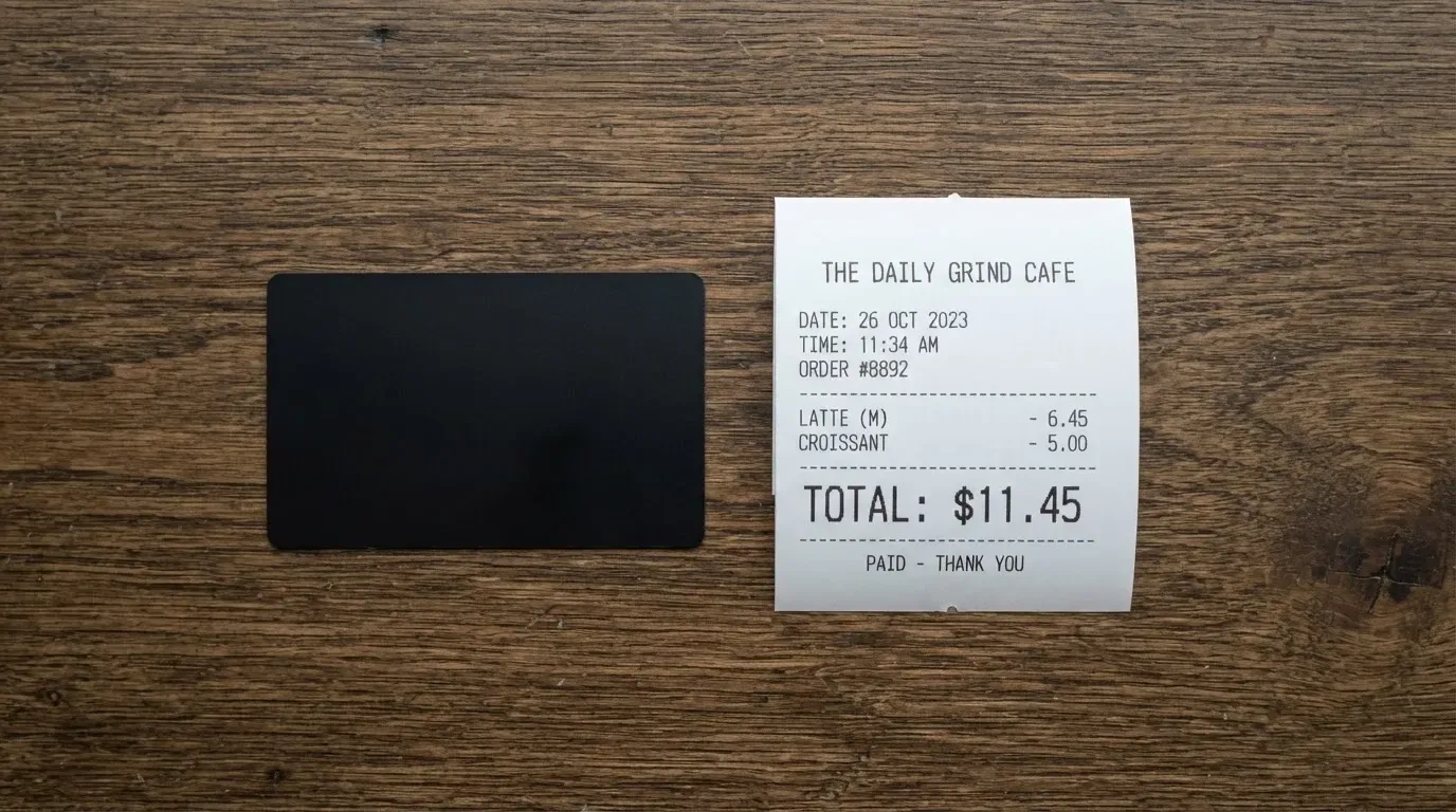 A receipt and a card on a café table