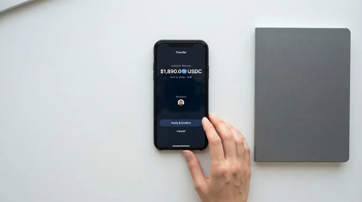 A phone showing a stablecoin transfer screen
