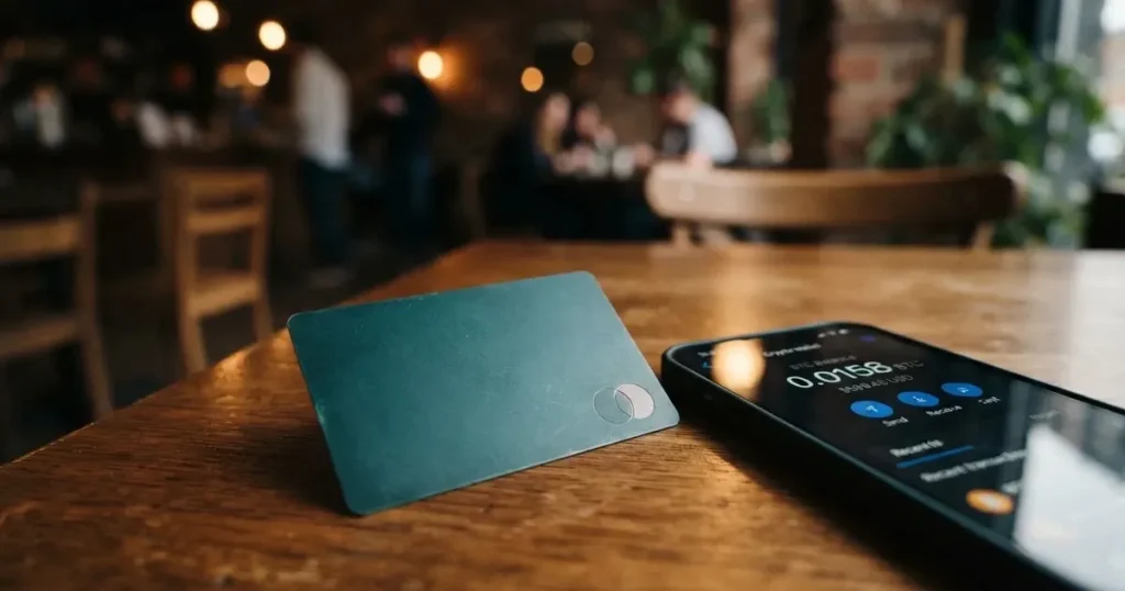 A payment card next to a phone with a crypto wallet app open