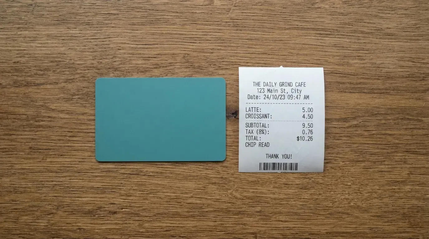 A receipt and a card on a café table