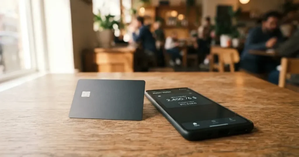 A payment card next to a phone with a crypto wallet app open