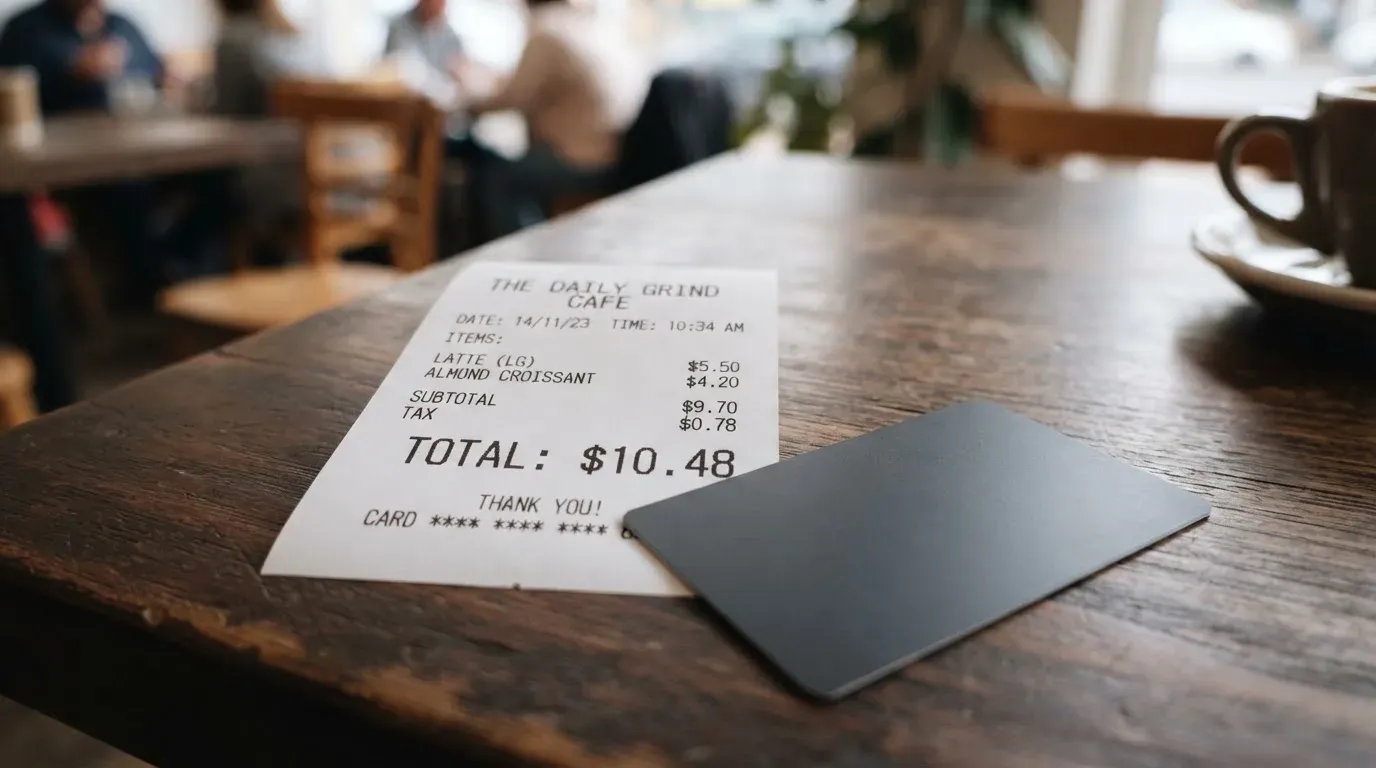 A receipt and a card on a café table