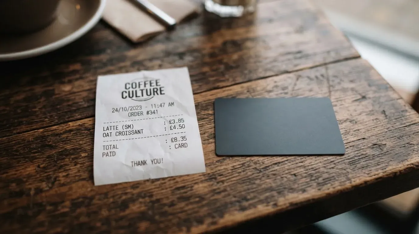 A receipt and a card on a café table