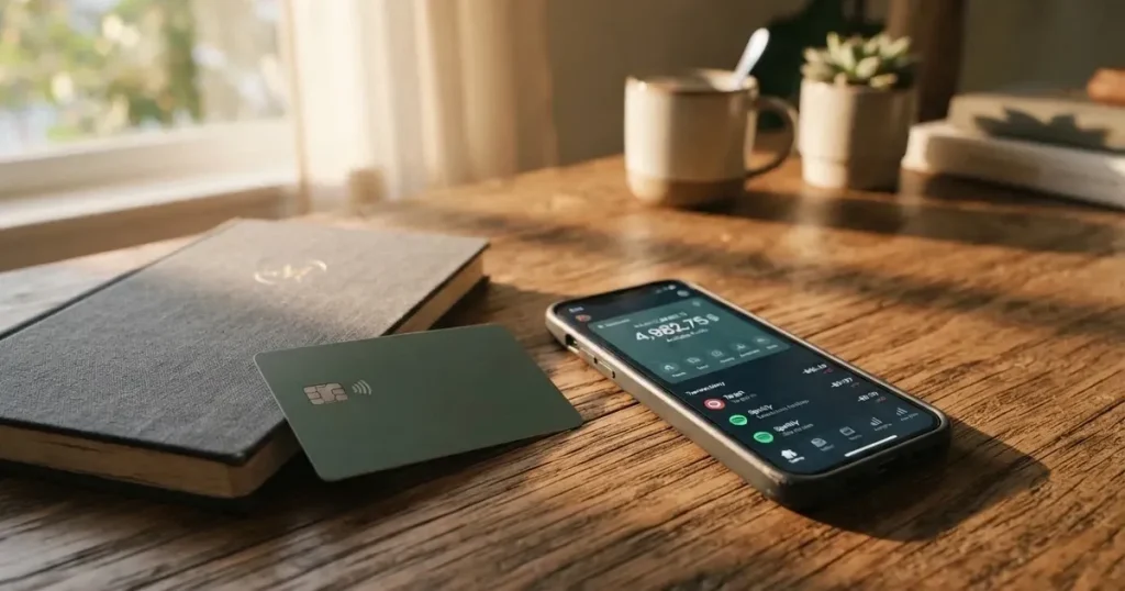 A payment card next to a phone with a crypto wallet app open