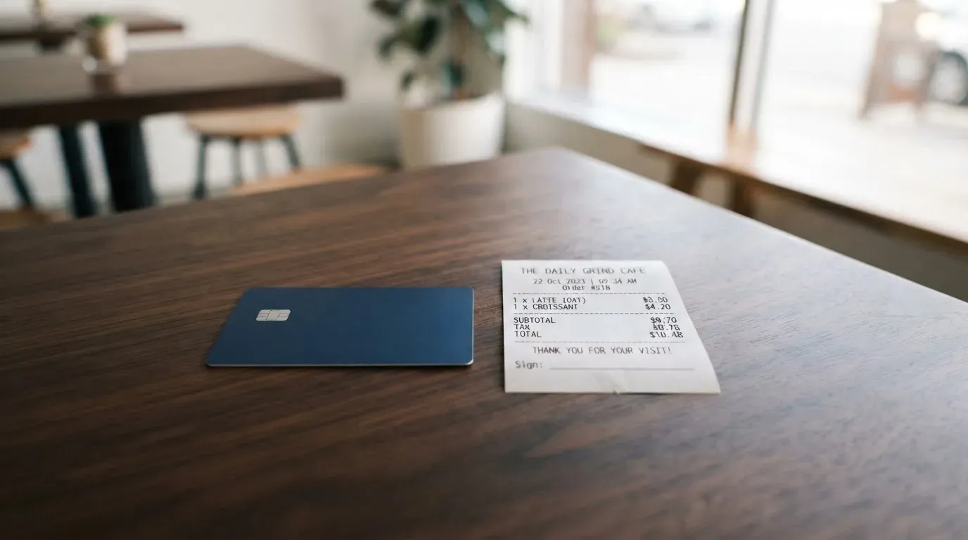A receipt and a card on a café table