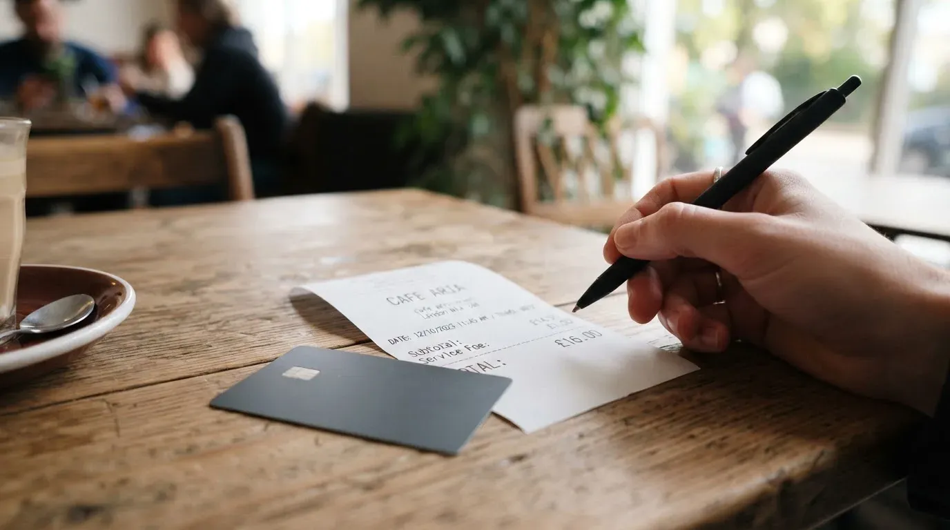 A receipt and a card on a café table