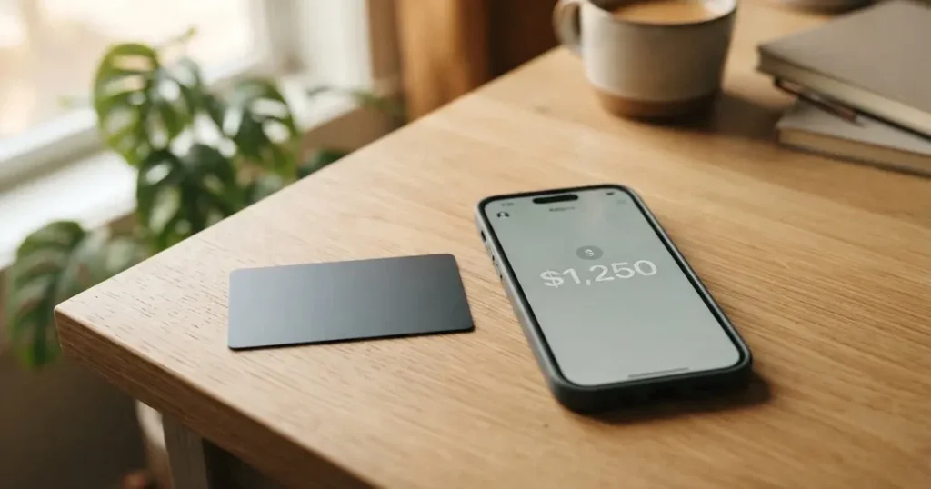 A payment card next to a phone with a crypto wallet app open