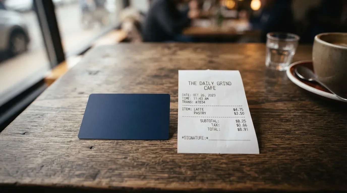 A receipt and a card on a café table