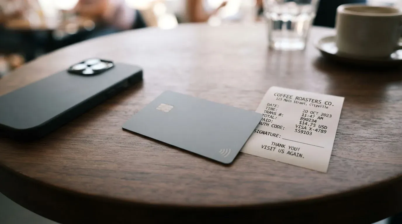 A receipt and a card on a café table
