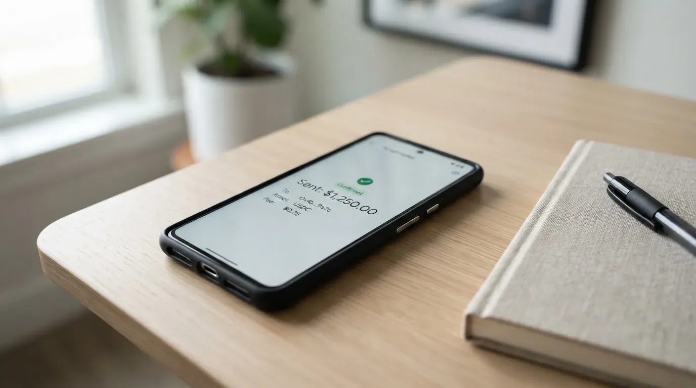 A phone showing a stablecoin transfer screen