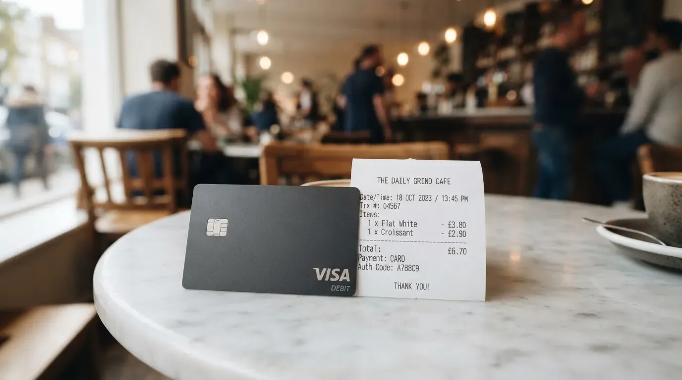 A receipt and a card on a café table