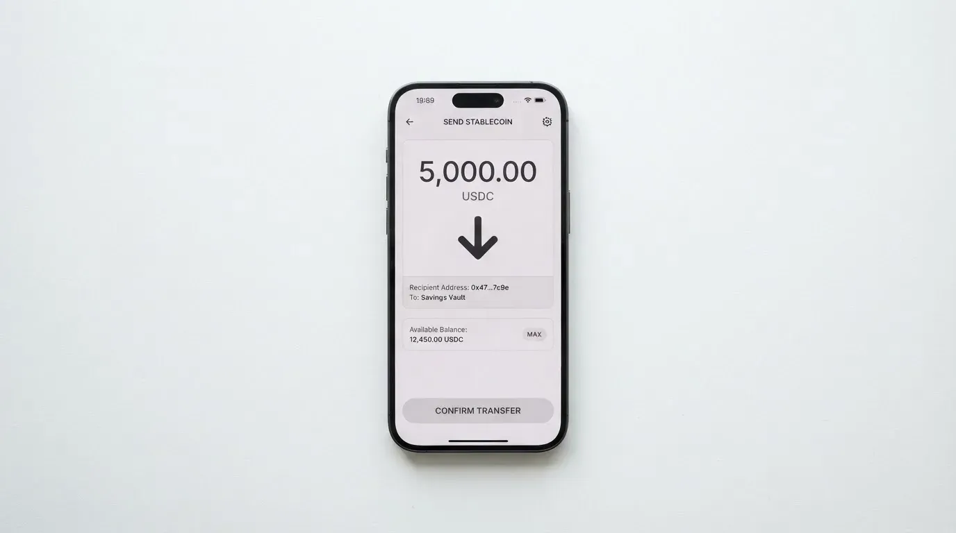 A phone showing a stablecoin transfer screen
