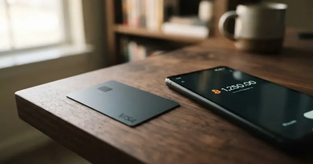 A payment card next to a phone with a crypto wallet app open