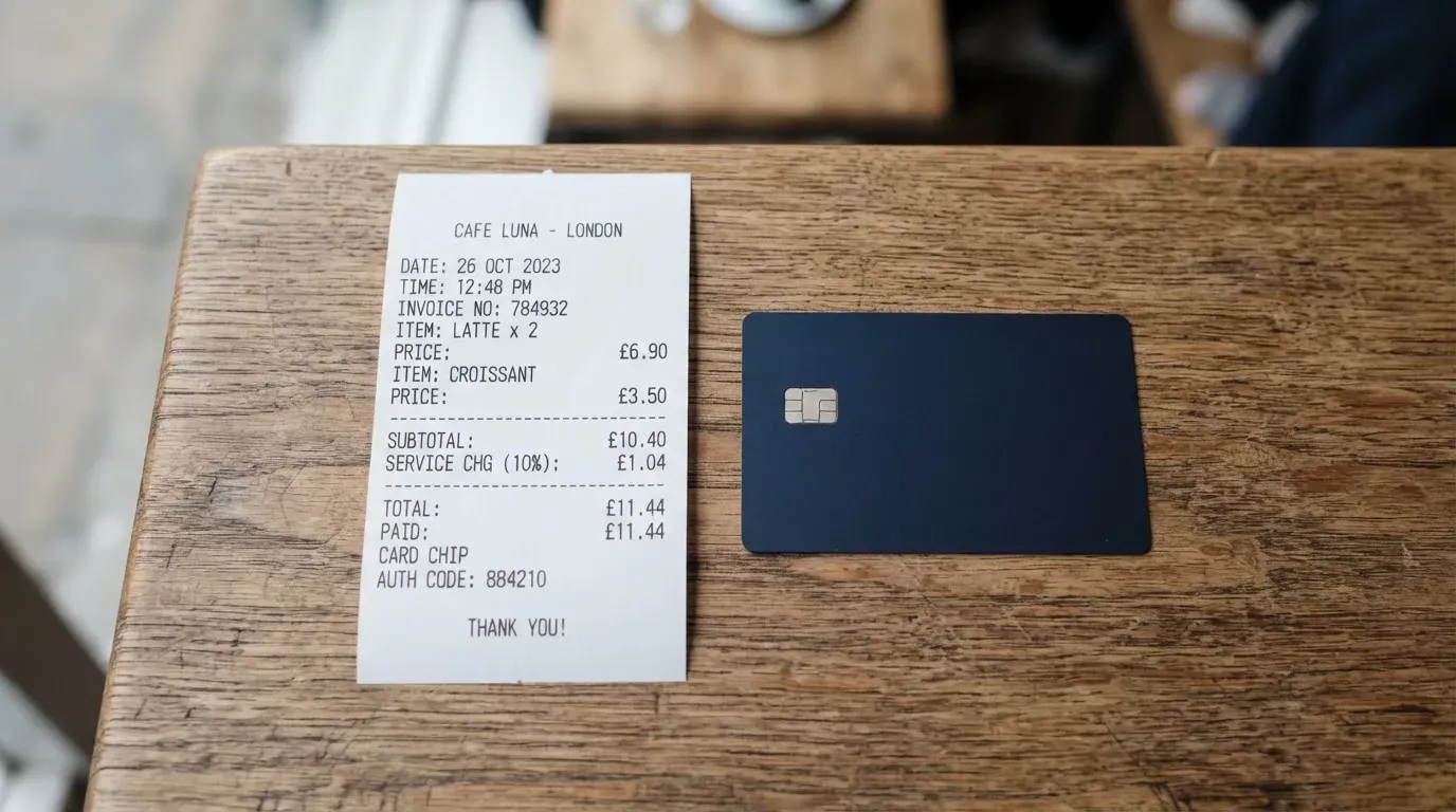 A receipt and a card on a café table