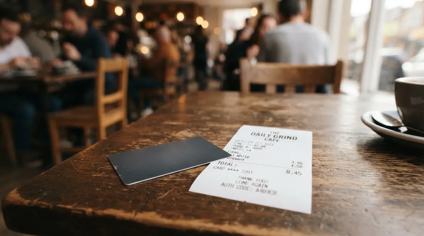 A receipt and a card on a café table