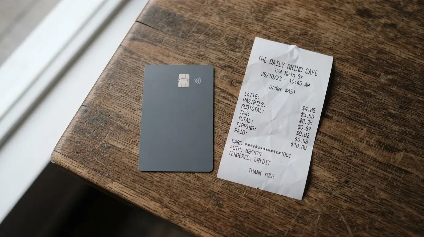 A receipt and a card on a café table