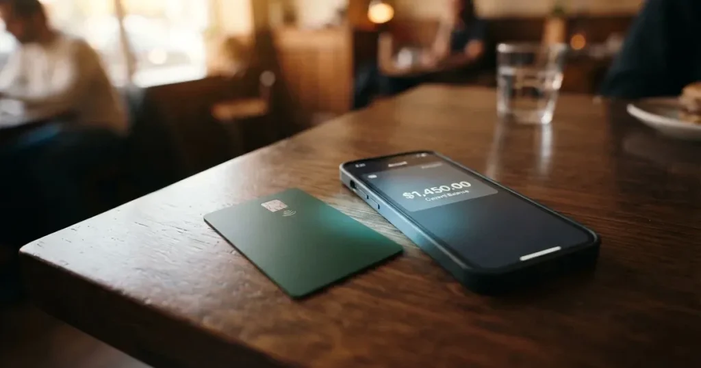 A payment card next to a phone with a crypto wallet app open