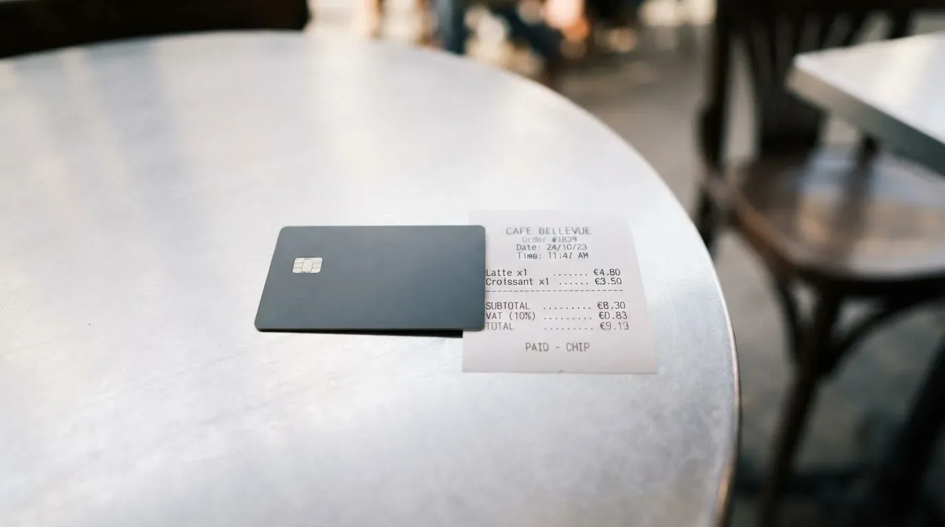 A receipt and a card on a café table