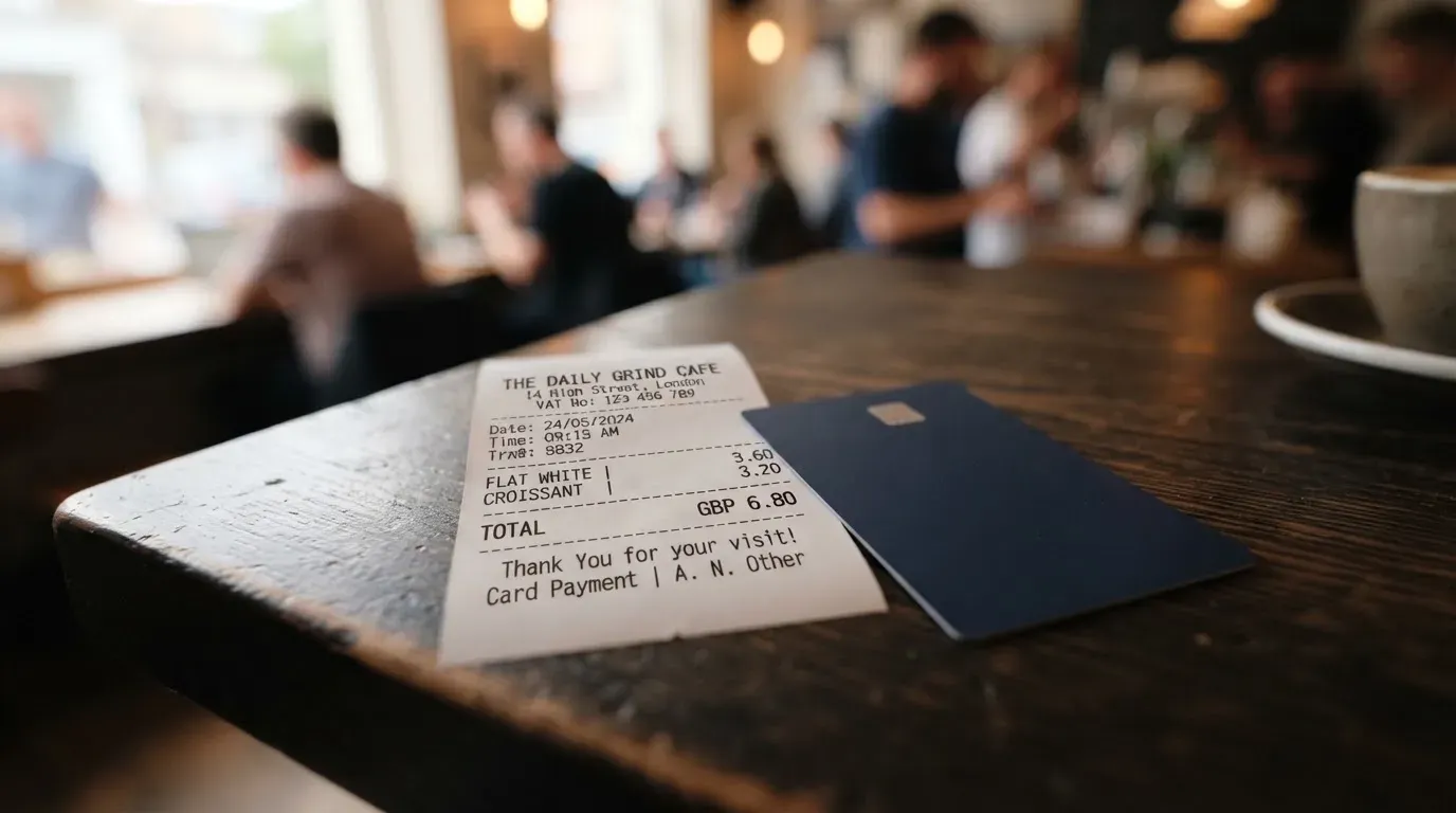 A receipt and a card on a café table