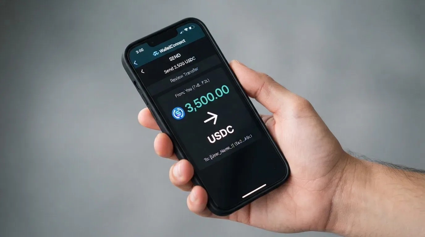 A phone showing a stablecoin transfer screen