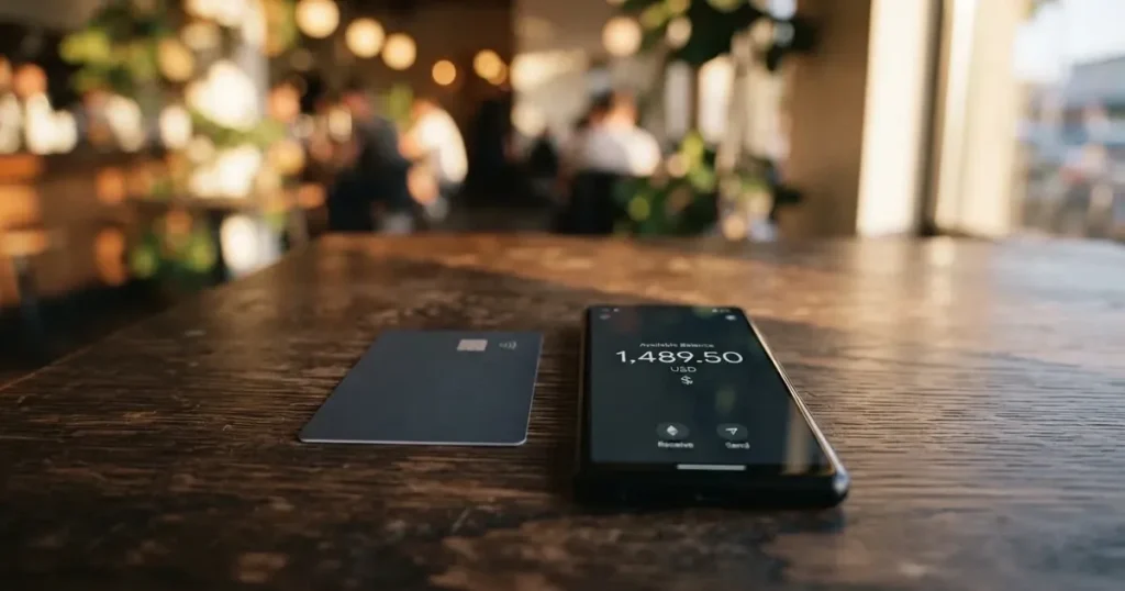 A payment card next to a phone with a crypto wallet app open