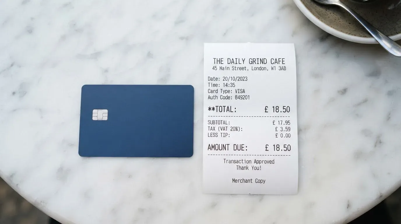 A receipt and a card on a café table