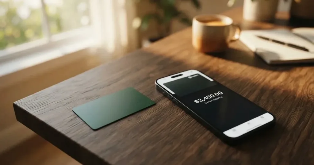 A payment card next to a phone with a crypto wallet app open
