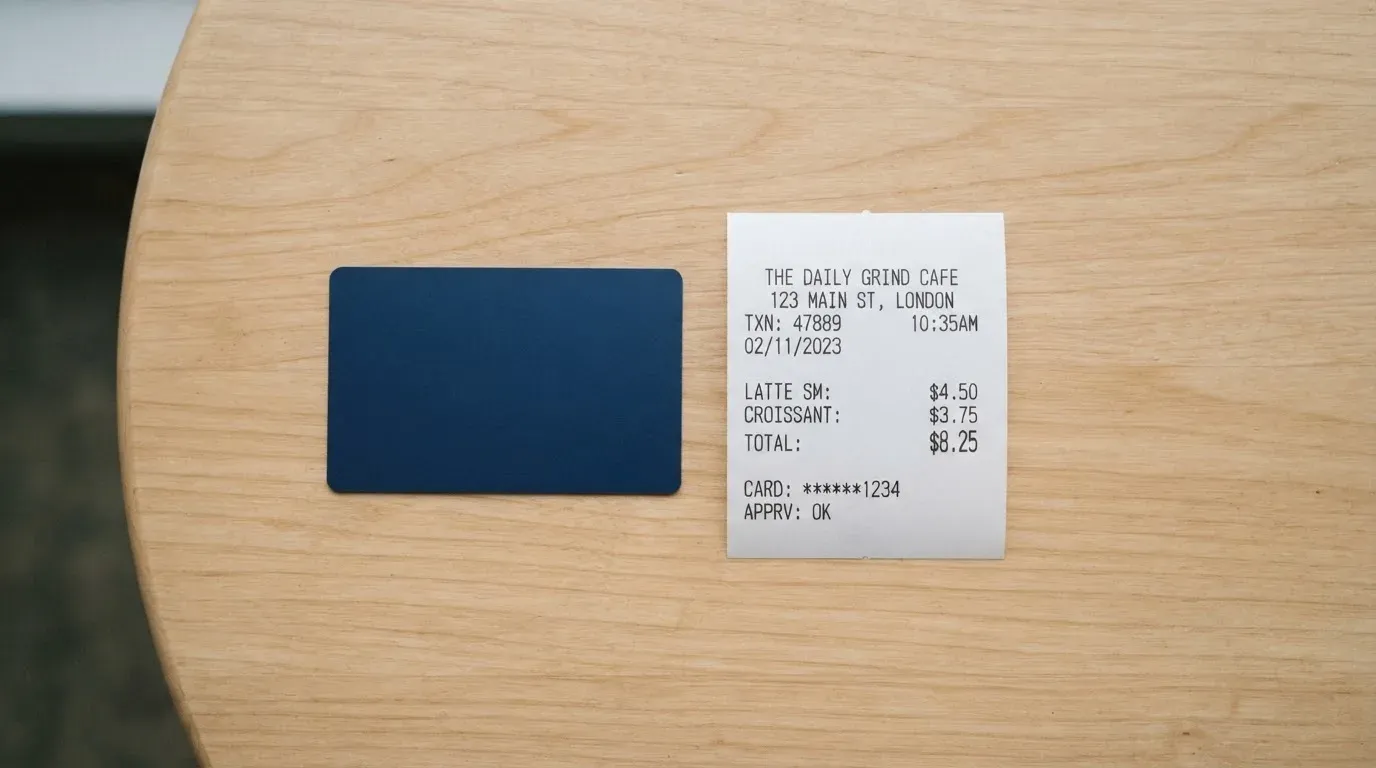 A receipt and a card on a café table