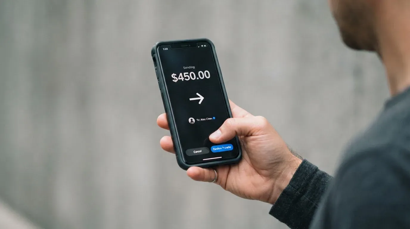 A phone showing a stablecoin transfer screen