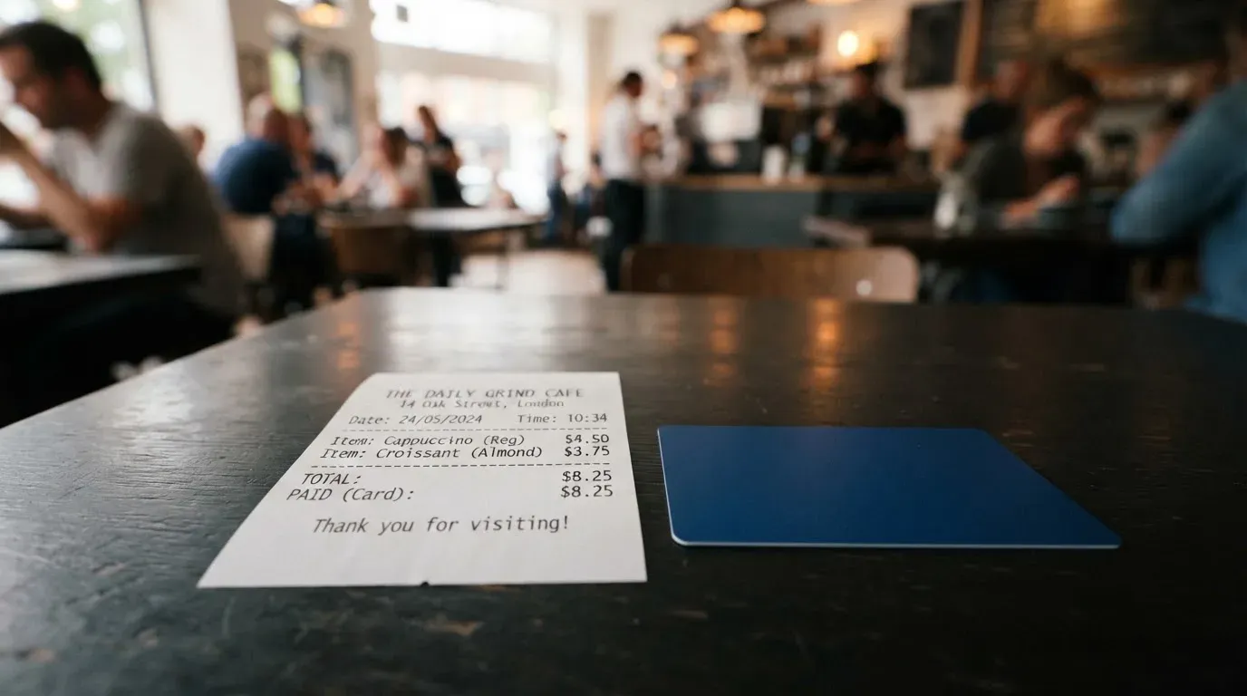 A receipt and a card on a café table