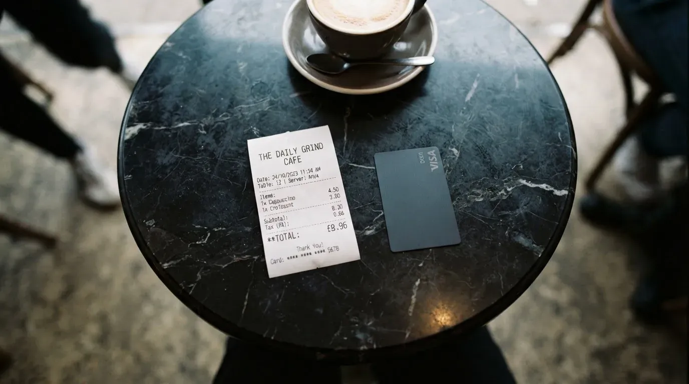 A receipt and a card on a café table